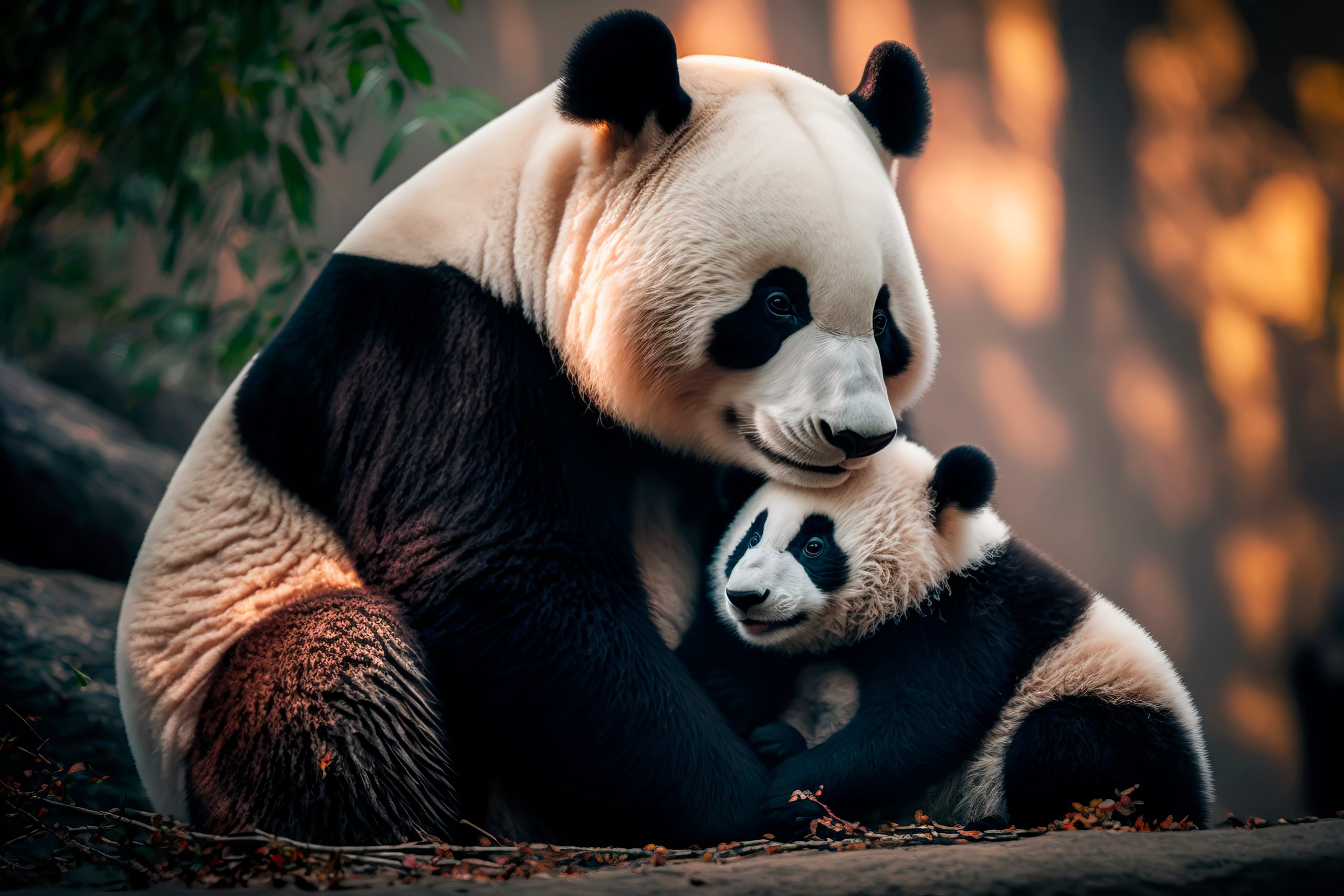 Beautiful panda with a baby panda happy together in Chinese par